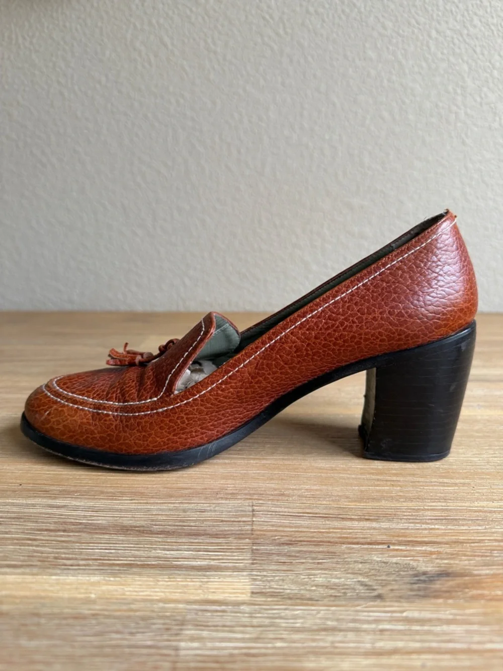 Paul Mayer Pebbled Leather Tassel Block Heels in Cognac - Picture 4 of 12